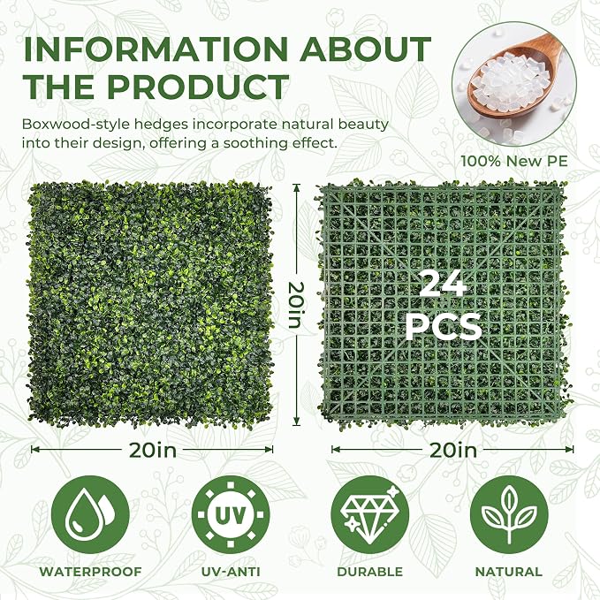 Artificial Grass Wall Panel Screen: 20"x20" 24P UV-Anti Faux Boxwood Panels - Image 2
