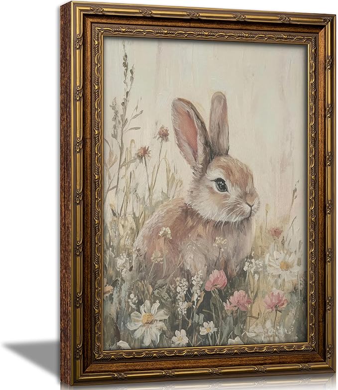Vintage Gold Framed Easter Bunny Wall Art Spring Rabbit and Wildflowers by DQUCWDKVintagegoldframedwallart