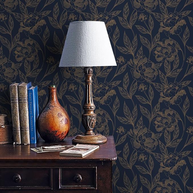 Timeet Peel and Stick Wallpaper Gold and Blue Floral Wall Paper - Image 2