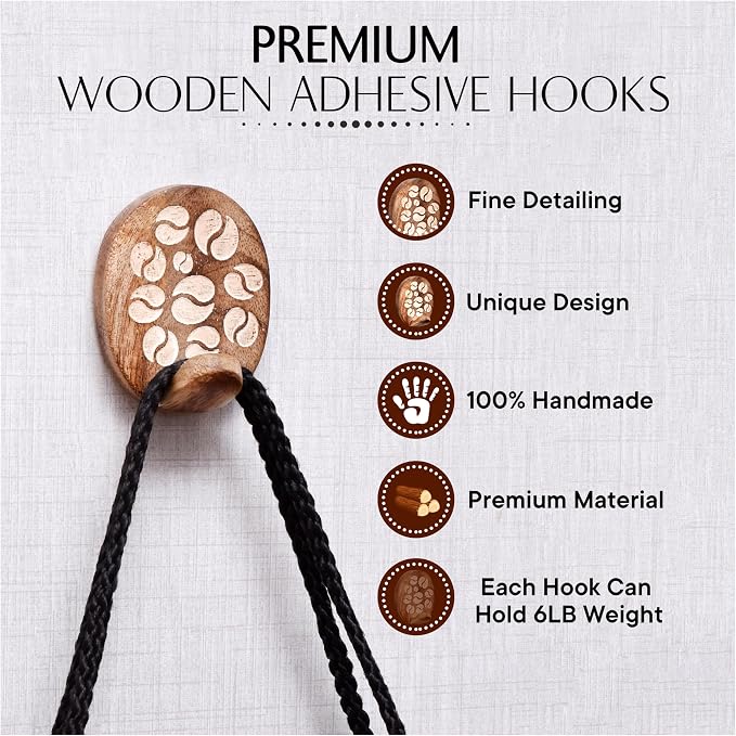 Indian Shelf 6 Lb- 3 Pieces Decorative Wood Adhesive Wall Hooks–Boho Peel and - Image 6
