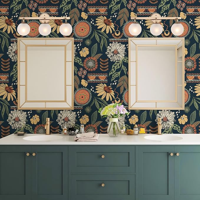 Simon&Siff Boho Peel and Stick Wallpaper, 17.3" x 480" Blue Sun Floral Retro - Image 4