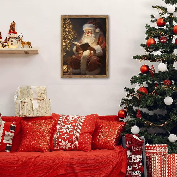 Framed Santa Christmas Wall Art, Vintage Santa Claus Reading Canvas Paintings - Image 4