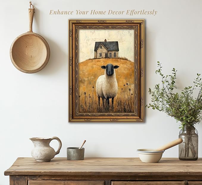 Vintage Gold Framed Wall Art Retro Country Sheep Oil Painting Canvas Prints - Image 5