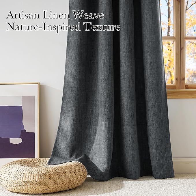 NICETOWN Short Faux Linen Charcoal Gray Blackout Curtains 63 inches Long - Image 3