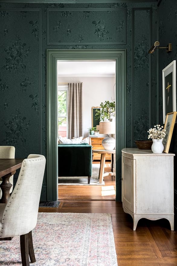 Erfoni 394"x17.7" Dark Green Floral Embossed Wallpaper - Image 3