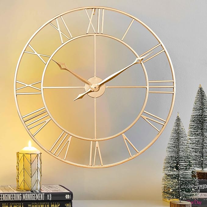 CLXEAST Champagne Gold 30 Inch Wall Clock, Large Modern Metal Roman Numeral by CLXEAST