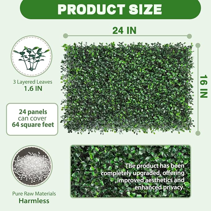 ODTORY Artificial Grass Wall Panels, 24 x 16 in 24P UV-Resistant Faux Boxwood - Image 2