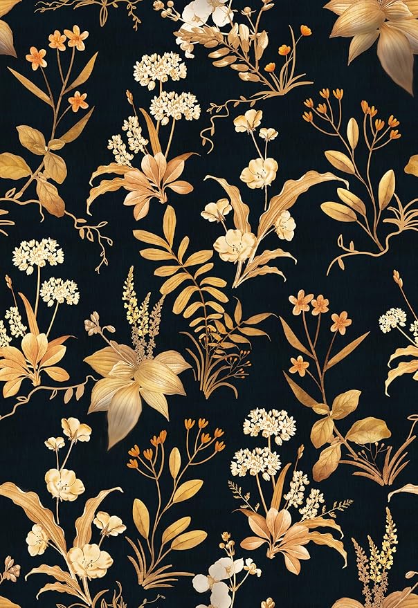 Simon&Siff Vintage Wallpaper Peel and Stick Black Gold Floral Wallpaper by SimonSiff