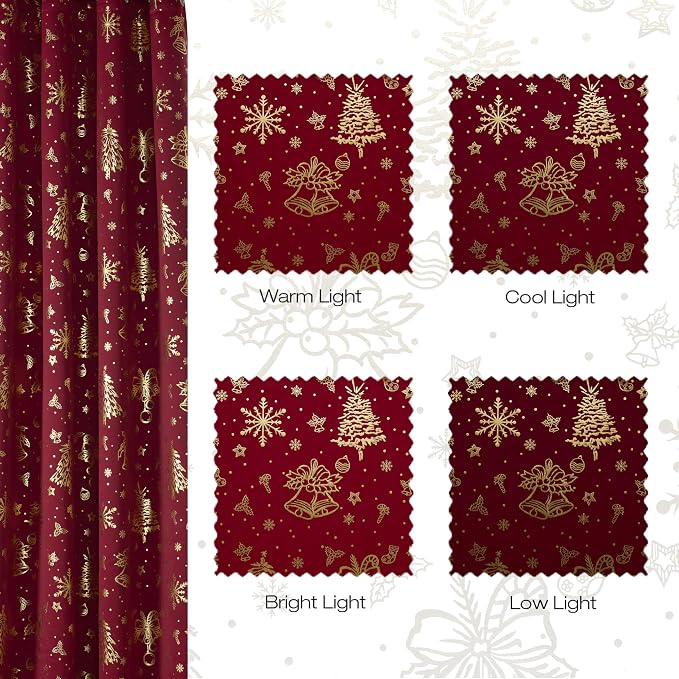 NICETOWN 2 Panels Red Christmas Curtains W42 x L63 in, Rod Pocket Gold Stamping - Image 7