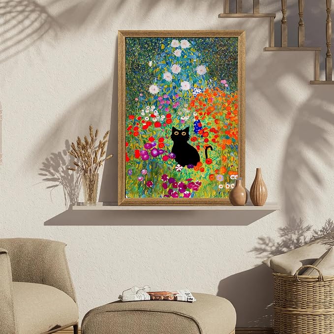 Fantasy Artists Gustav Klimt Canvas Wall Art, Framed Aesthetic Cat Floral Wall - Image 3