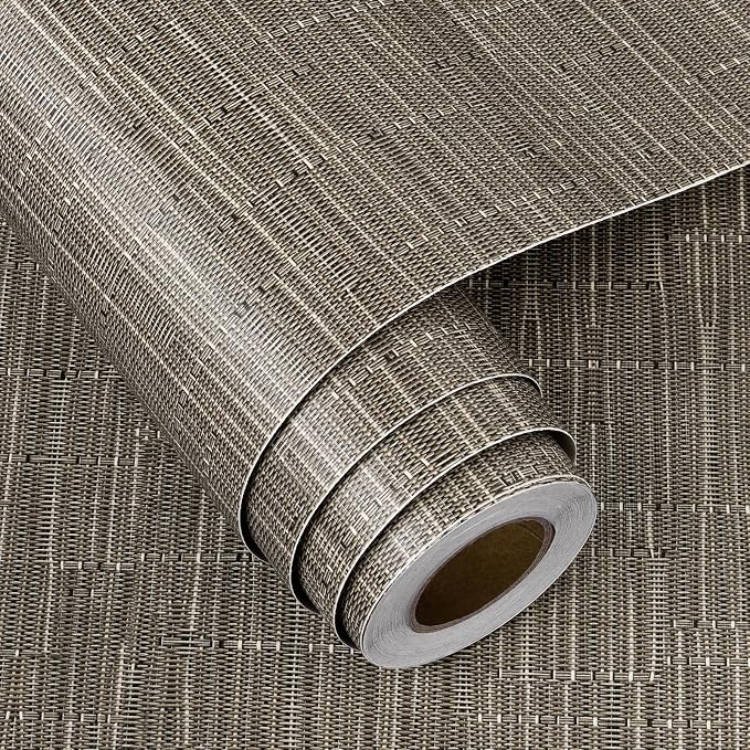 FunStick Taupe Brown Grasscloth Wallpaper Peel and Stick Fabric Wallpaper - Image 7