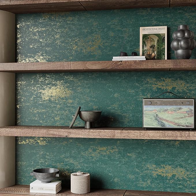 VEELIKE Vintage Teal Gold Peel and Stick Wallpaper Metallic Distressed Green - Image 4