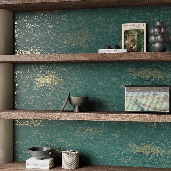 VEELIKE Distressed Teal Gold Metallic Peel and Stick Wallpaper Plaster Concrete - Image 5