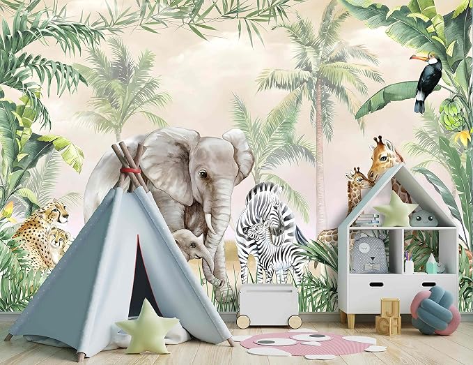 Tropical Animal Plants wallpeper Nursery Kids Bedroom Elephant wall Mural - Image 3