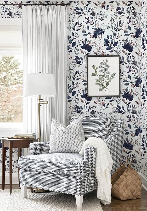 Yasinet Navy Blue Peel and Stick Wallpaper Blue Floral Wallpaper Vintage - Image 2