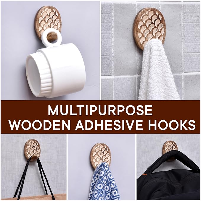 IndianShelf 6 Lb- 24 Pieces Decorative Wood Adhesive Wall Hooks–Boho Peel and - Image 6
