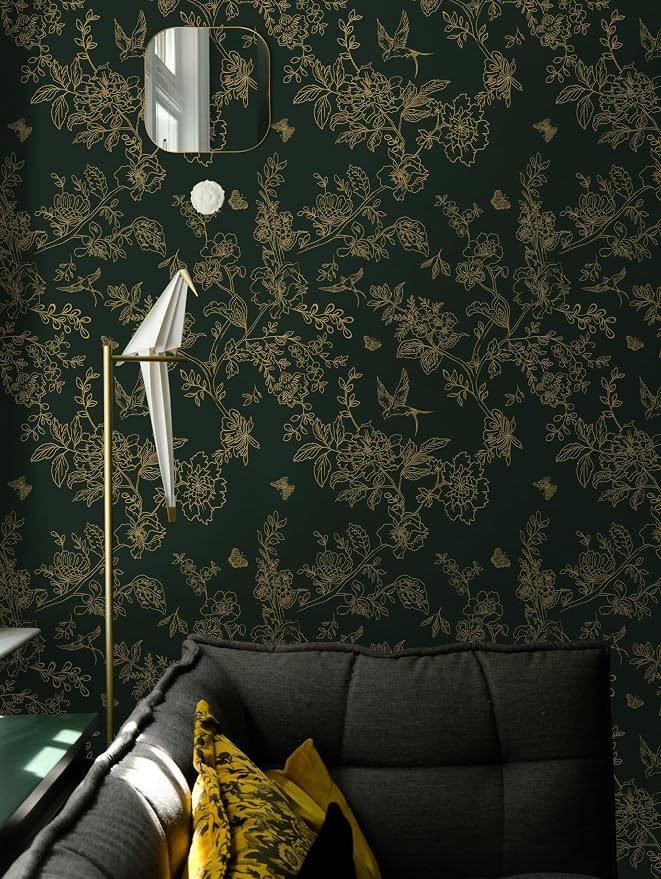 Froluya Dark Green and Gold Wallpaper Floral Peel and Stick Wallpaper - Image 2