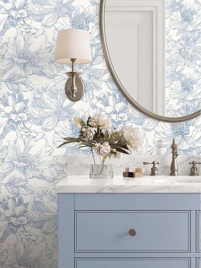 Ismoon Vintage Floral Wallpaper Peel and Stick Beige and Blue Contact Paper - Image 3