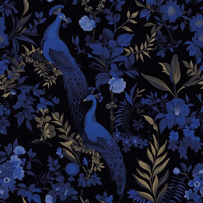 FLFK Black and Dark Blue Peacock Wallpaper, Peel and Stick Wall Mural by FLFK