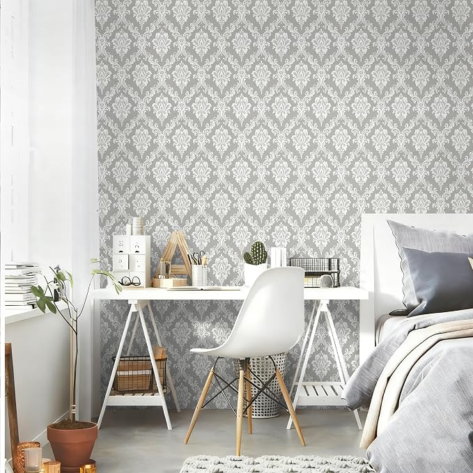 Peel and Stick Wallpaper Grey and White Damask Wallpaper - Image 4