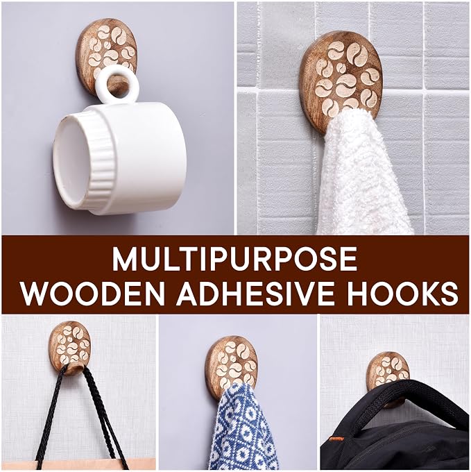 IndianShelf 6 Lb- 24 Pieces Decorative Wood Adhesive Wall Hooks–Boho Peel and - Image 4