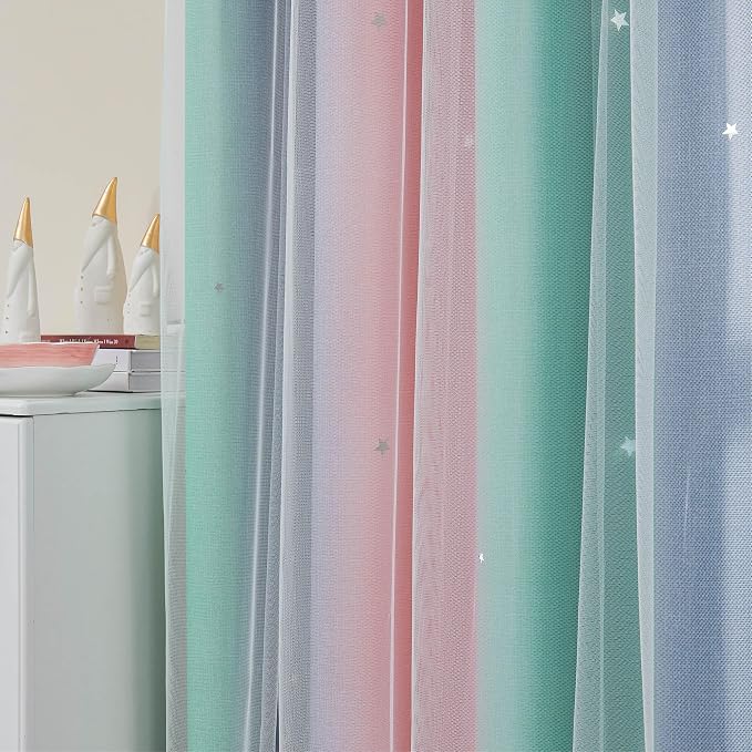 XiDi Curtains for Bedroom Decor, Rainbow Pinkgreen grey52/54 - Image 3