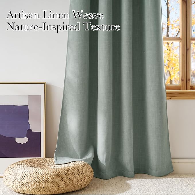 NICETOWN Sage Green Faux Linen Room Darkening Rod Pocket Curtains 63 inch Length - Image 3