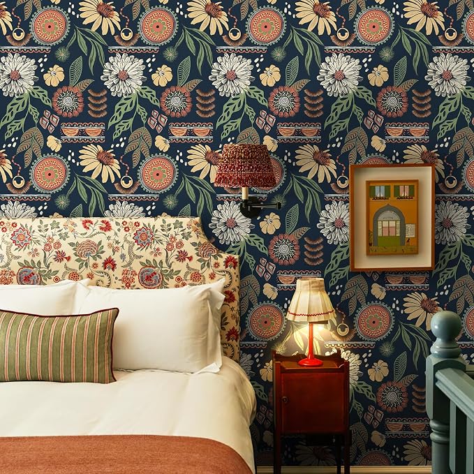 Simon&Siff Boho Peel and Stick Wallpaper, 17.3" x 1200" Blue Sun Floral Retro - Image 2