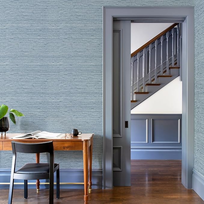 HueBurst Grasscloth Peel and Stick Wallpaper 17.3" x 197" Blue Textured - Image 4