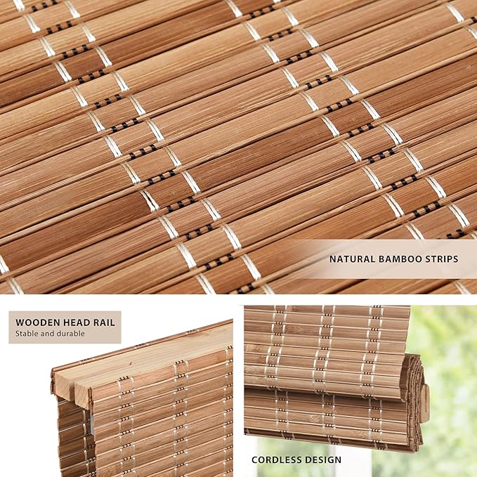 LazBlinds No Tools No Drill Cordless Bamboo Roman Shades, Custom Light - Image 2