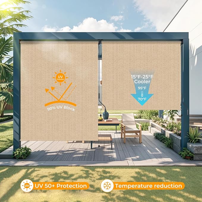 HOMEDEMO Outdoor Roller Shades for Patio, Sun Roller Shade Cloth Roll Blinds - Image 2
