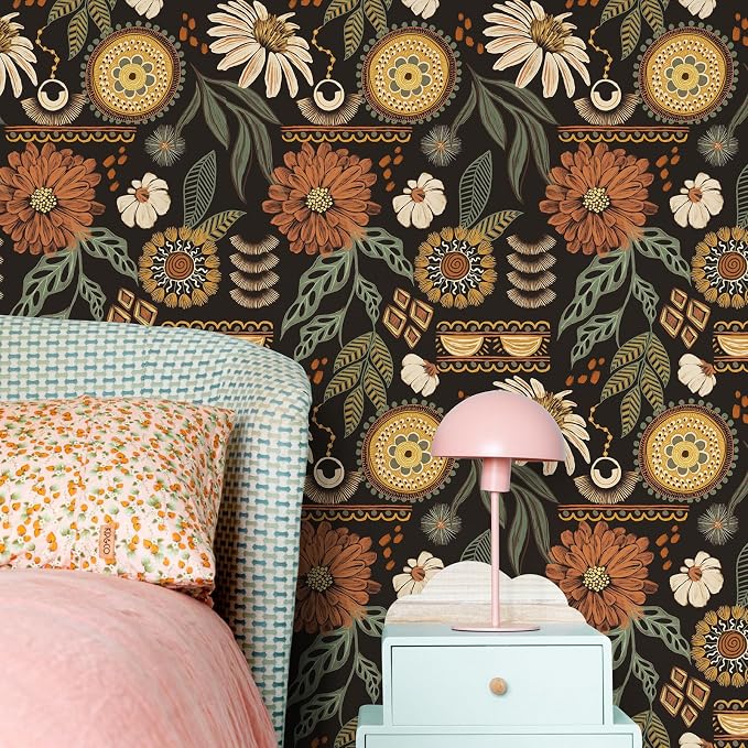 JiffDiff Boho Wallpaper Peel and Stick 17.3" x 400" Vintage Sun Floral Retro - Image 2