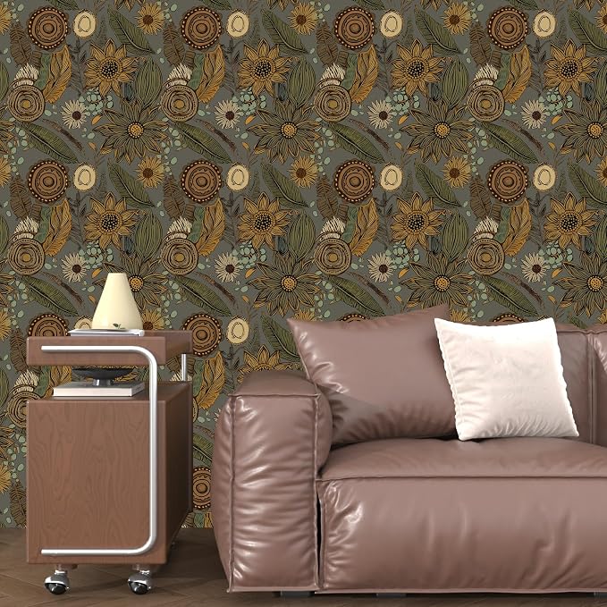 Grey Boho Wallpaper Peel and Stick, Vintage Green Yellow Floral Contact Paper - Image 8
