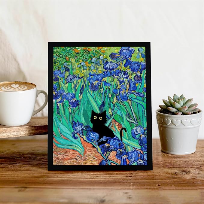Fantasy Artists Van Gogh Irises Cat Wall Art, Framed Vintage Garden Canvas Wall - Image 2