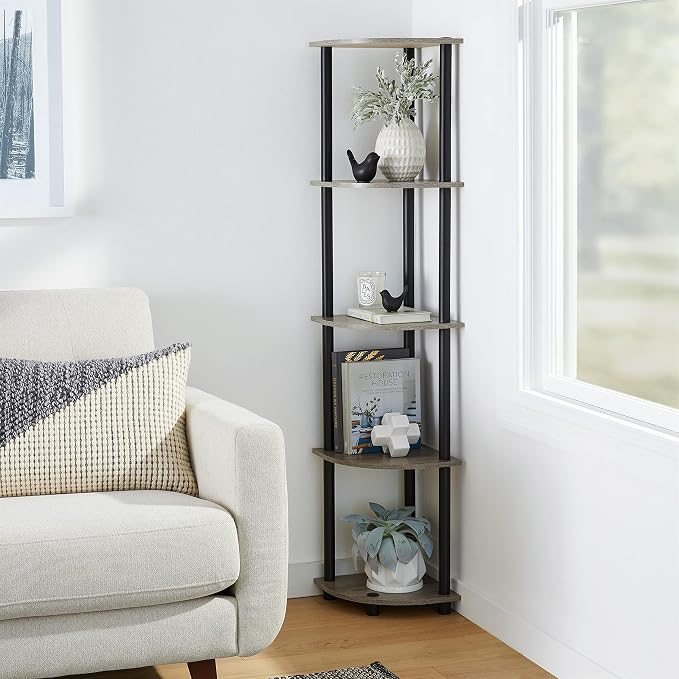 Furinno TURN-N-TUBE Corner Shelf Set of 2, 5-Tier Corner Bookshelf, Open - Image 2