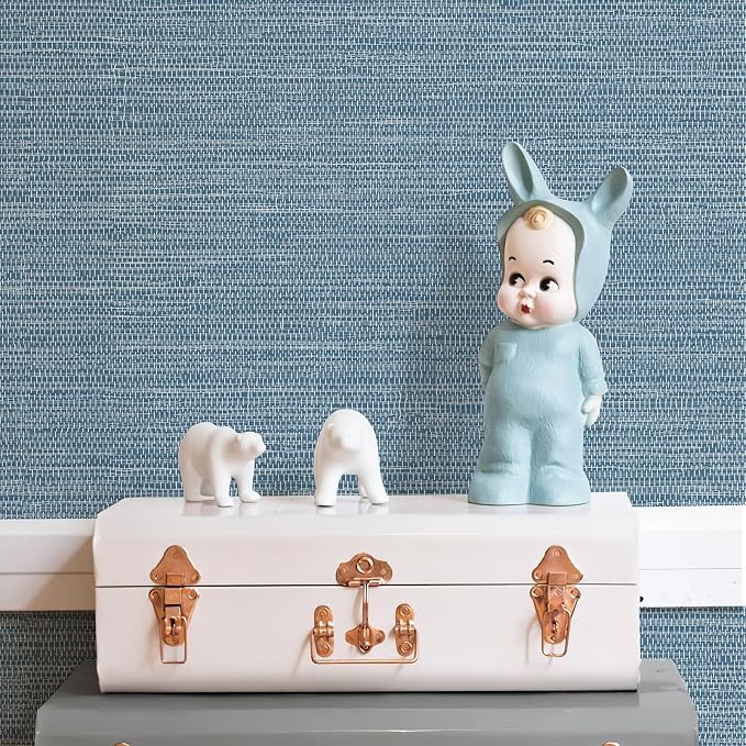 JiffDiff Grasscloth Wallpaper Peel and Stick Blue Grassweave Stick on Wallpaper - Image 2