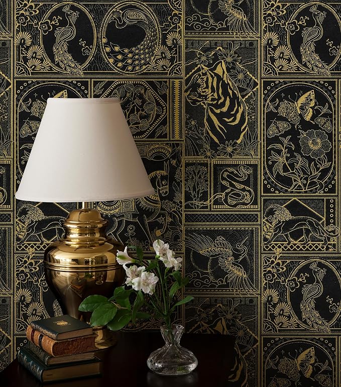 Erfoni 118"x17.7" Black and Gold Wallpaper Vintage Peel and Stick Wallpaper by Erfoni
