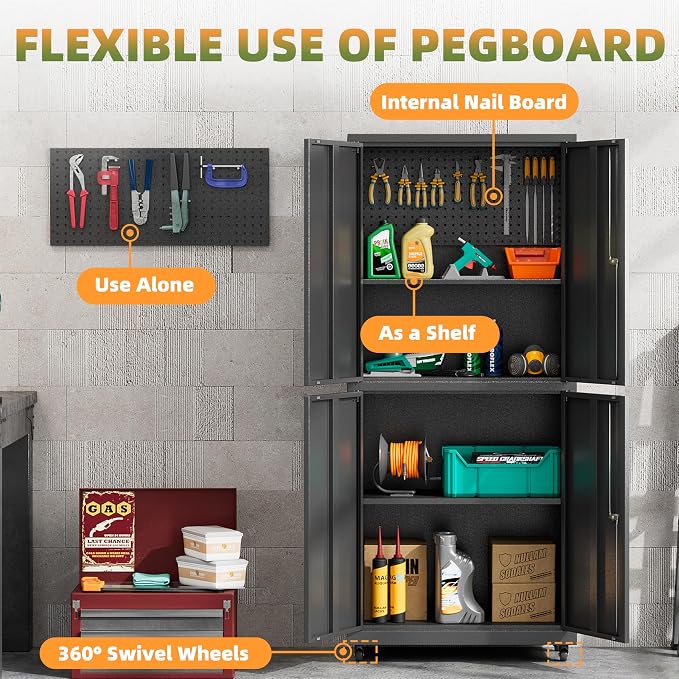 Garage Storage Cabinet with Wheels, Lockable Metal Storage Cabinet - Image 5