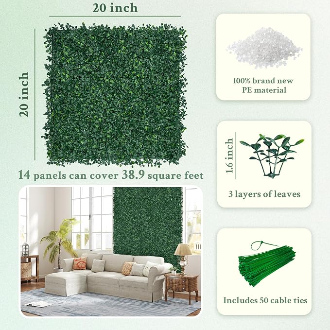 ODTORY Artificial Boxwood Wall Panels 20x20 inch 14Pcs, UV-Anti Faux Greenery - Image 2