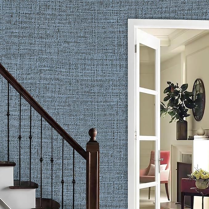 Blue Gray Grasscloth Peel and Stick Wallpaper 17.3"x480" Faux Linen Textured - Image 6