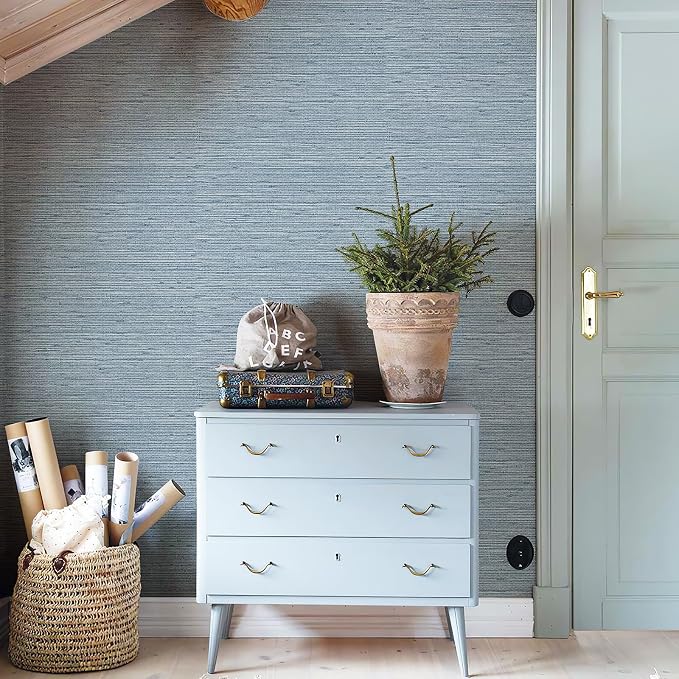 HueBurst Grasscloth Peel and Stick Wallpaper 17.3" x 197" Blue Textured - Image 2