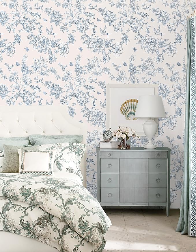 Froluya Cream White and Blue Floral Wallpaper Peel and Stick Wallpaper - Image 9