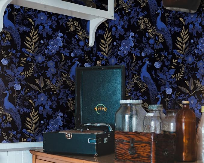 FLFK Black and Dark Blue Peacock Wallpaper, Peel and Stick Wall Mural - Image 3