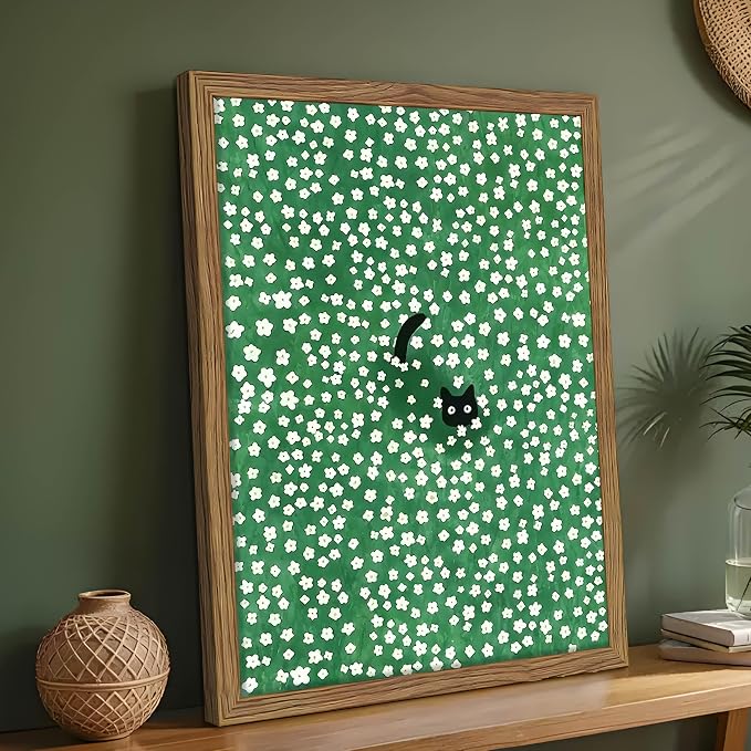 Framed Floral Black Cat Canvas Wall Art, Cute Black Cat in Daisy Field Painting - Image 8