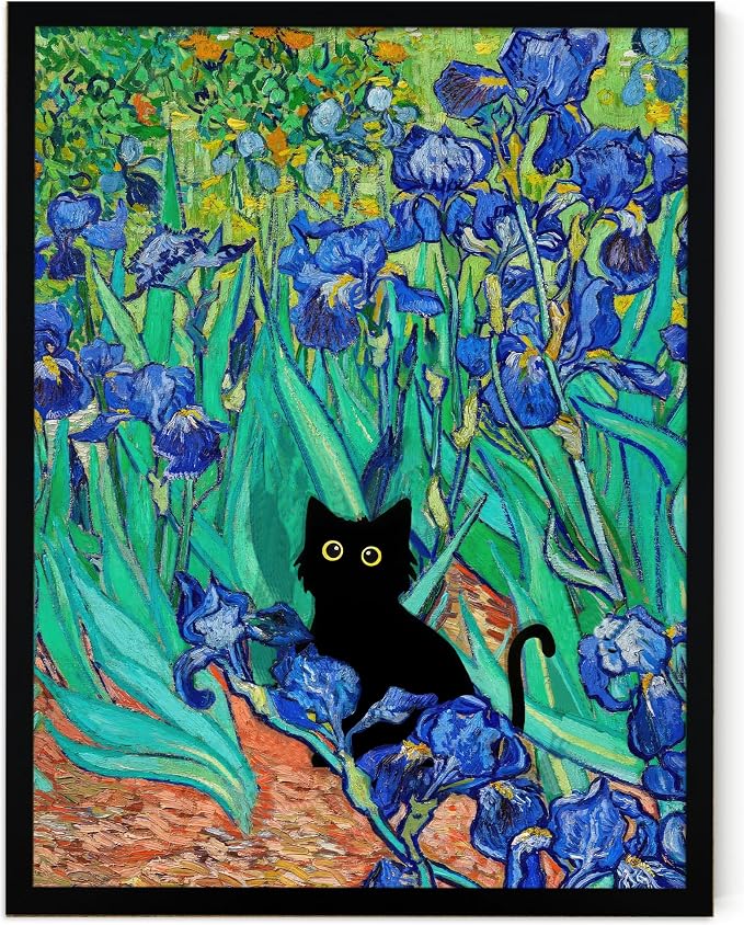 Fantasy Artists Van Gogh Irises Cat Wall Art, Framed Vintage Garden Canvas Wall by Unknown