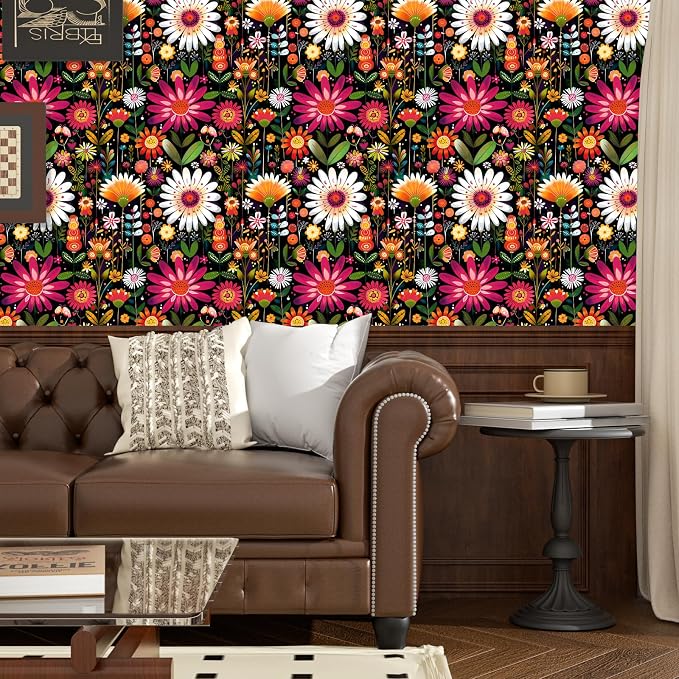 BOKEBEVE Extra Long Colorful Floral Wallpaper Peel and Stick Boho Pink Wall - Image 2