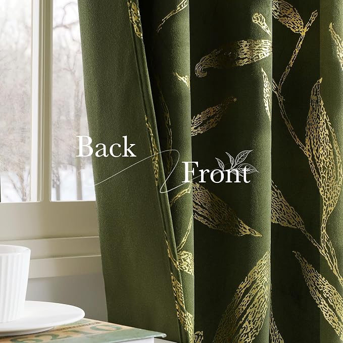 NICETOWN Leaf Patterned Green Velvet Curtains 96 inches Long 2 Panels Gold Foil - Image 6