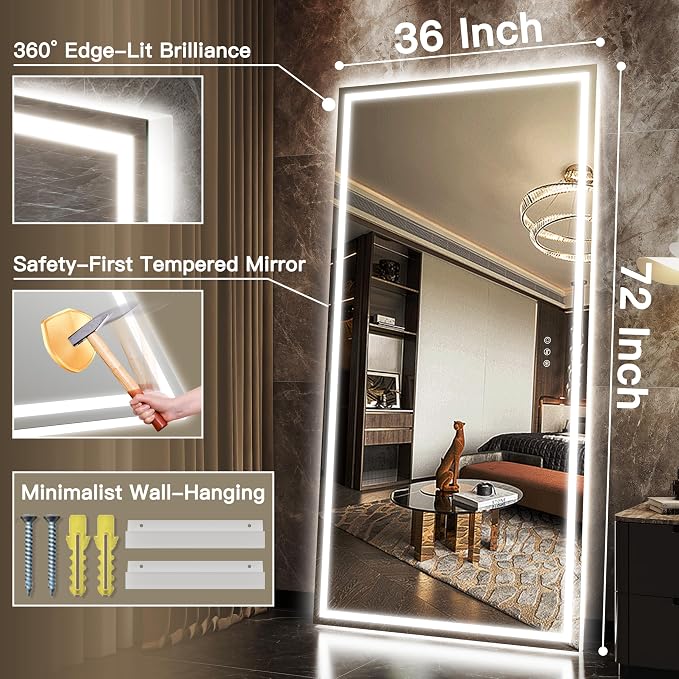 FENNIO Full Length Mirror with Lights, Free Standing Lighted Floor Mirror - Image 6