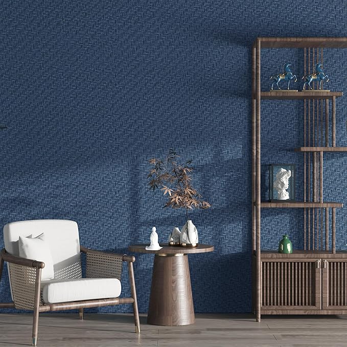 Haimin Fabric Wallpaper Textured Contact Paper Navy Blue Grasscloth Wallpaper - Image 3