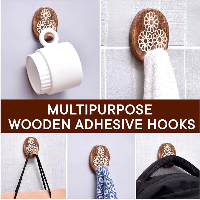 Indian Shelf 6 Lb- 3 Pieces Decorative Wood Adhesive Wall Hooks–Boho Peel and - Image 3